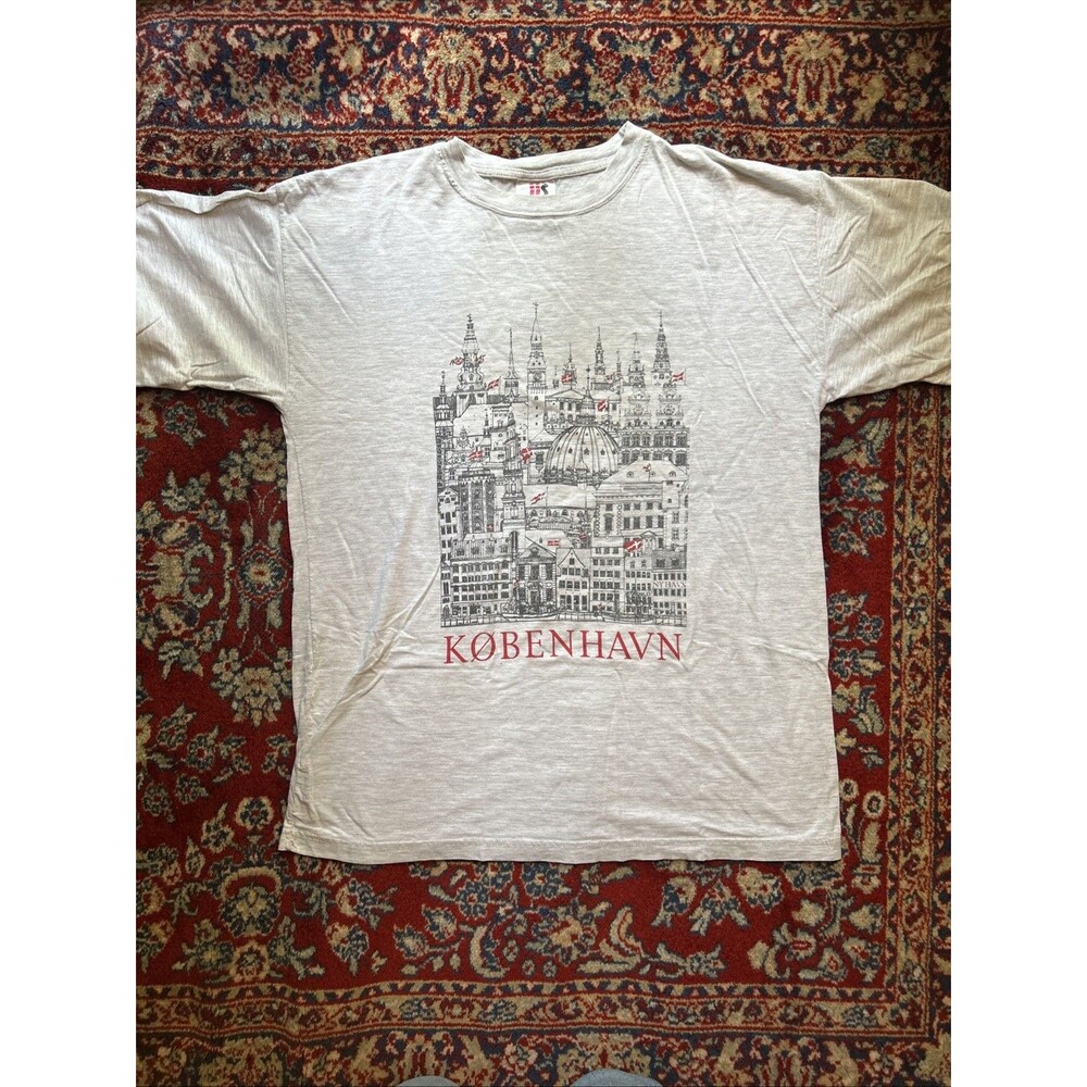 Vintage Scanshirt Kobenhavn Buildings Graphic T-Shirt Gray Mens L 100% Cotton